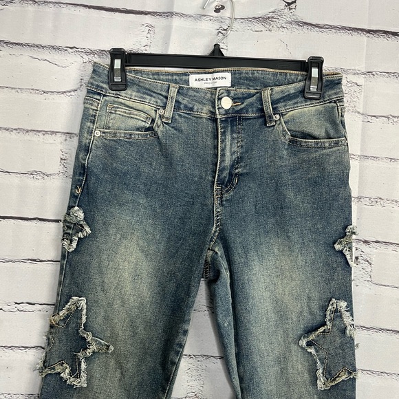 Ashley Mason Y2K Blue Flare Wide Leg Jeans SZ 3/26 Star Pattern Distressed Dark - Picture 5 of 15